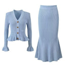Ruffle V-neck Top Skirt Two-piece Spring Long-sleeved Cardigan Hip-covering Fishtail Long Skirt Knitted Two-piece Suit For Women