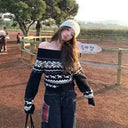 Vintage Slash Neck Sweater Women Harajuku Print Knitted Pullovers Sexy Off Shoulder Knitwears Winter Korean Long Sleeve Jumpers