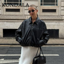 KONDALA 2026 Spring Summer Brown Business Casual Faux Leather Women Jackets Chic Valentine‘s Day Spliced Zipper Ladies Jackets