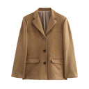 HH Women Vintage Brown Suede Blazer Coat Single Breasted Long Sleeve Lapel Jacket With Pockets Casual Office Lady Outerwear