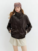 FSLE 2026 Fall Women's Vintage Stand Collar PU Leather Biker Jacket - Chic Cropped Design for Daily and Evening Outings
