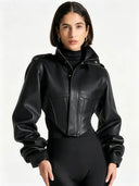 Vintage Women's Cropped Faux Leather Jacket Stand Collar Balloon Sleeve Biker Style PU Leather Coat Streetwear Outfit