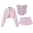 ReddaChic Trendy Stripe 3-piece Women Set Sexy Open Front Cardigan Button Tube Top Pleat Low Rise Mini Skirt Causal Fall Clothes