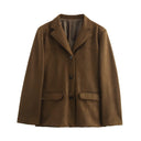 HH Women Vintage Brown Suede Blazer Coat Single Breasted Long Sleeve Lapel Jacket With Pockets Casual Office Lady Outerwear