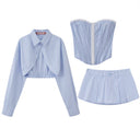 ReddaChic Trendy Stripe 3-piece Women Set Sexy Open Front Cardigan Button Tube Top Pleat Low Rise Mini Skirt Causal Fall Clothes