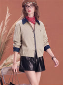 Women Cropped Striped Jacket Contrast Collar Zip Up Long Sleeve Casual Shirt Jacket Vintage Loose Fit Fall Outerwear