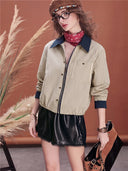 Women Cropped Striped Jacket Contrast Collar Zip Up Long Sleeve Casual Shirt Jacket Vintage Loose Fit Fall Outerwear