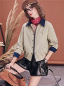 Women Cropped Striped Jacket Contrast Collar Zip Up Long Sleeve Casual Shirt Jacket Vintage Loose Fit Fall Outerwear