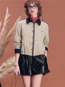Women Cropped Striped Jacket Contrast Collar Zip Up Long Sleeve Casual Shirt Jacket Vintage Loose Fit Fall Outerwear