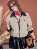 Women Cropped Striped Jacket Contrast Collar Zip Up Long Sleeve Casual Shirt Jacket Vintage Loose Fit Fall Outerwear