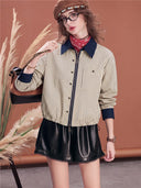 Women Cropped Striped Jacket Contrast Collar Zip Up Long Sleeve Casual Shirt Jacket Vintage Loose Fit Fall Outerwear
