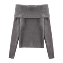 Preppy Chic Women Spring Winter Knit Bottom Top One-line Neck Off-shoulder Collarbone Long Sleeve Casual Daily Sweater