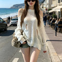 Grunge Gothic Y2k Spring Summer Knitted Pullover Off-shoulder Hollow Out Women Sweater Design Tops Black White Coats Streetwear