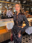 CNYISHE Prints Suits 2-Pieces(Tops+Skirts) Women Sets Fashion Casual Lace-up Long Sleeve O Neck Sheath Trendy Female Streetwear