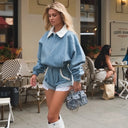 Tsiisd Women's Zip Oversized Jacket And Shorts Set Long Sleeve Collared Top High Waist Casual Streetwear Sporty Tracksuit Outfit