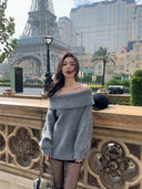 Autumn and Winter Fashion New Women's Elegant Off Shoulder Knitted Korean High End Hoodie One Shoulder Warm Base Knitted Sweater