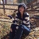 Karrram Japanese Y2k V-neck Striped Sweater Vintage Harajuku Knit Slim Pullovers Korean Style Winter Knitwear 2000s Aesthetics