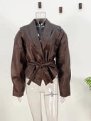 Women Vintage Brown Leather Jacket Lapel Padded Shoulder High Waist Leather Coat With Belt 2025 Lady Autumn Fashion Short Coats