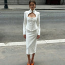2026 Women PUAL  White Stand Collar Cutout Lace Up Corset Top Midi Skirt 2 Piece Elegant Formal Suit Set