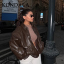 KONDALA 2026 Spring Summer Brown Business Casual Faux Leather Women Jackets Chic Valentine‘s Day Spliced Zipper Ladies Jackets