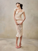 Women Skirt Two Piece Set Sexy Sleeveless Lace Ruffles Top + Midi Slim Skirts Sets Evening Cocktail Party Suit