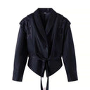 Women Vintage Brown Leather Jacket Lapel Padded Shoulder High Waist Leather Coat With Belt 2025 Lady Autumn Fashion Short Coats