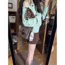 YIBASHU Winter Women Gyaru Bow Pullovers Cuddly Sweater Long Sleeve Slim Off Shoulder Knitwear Korean High Street 2000s Jumper