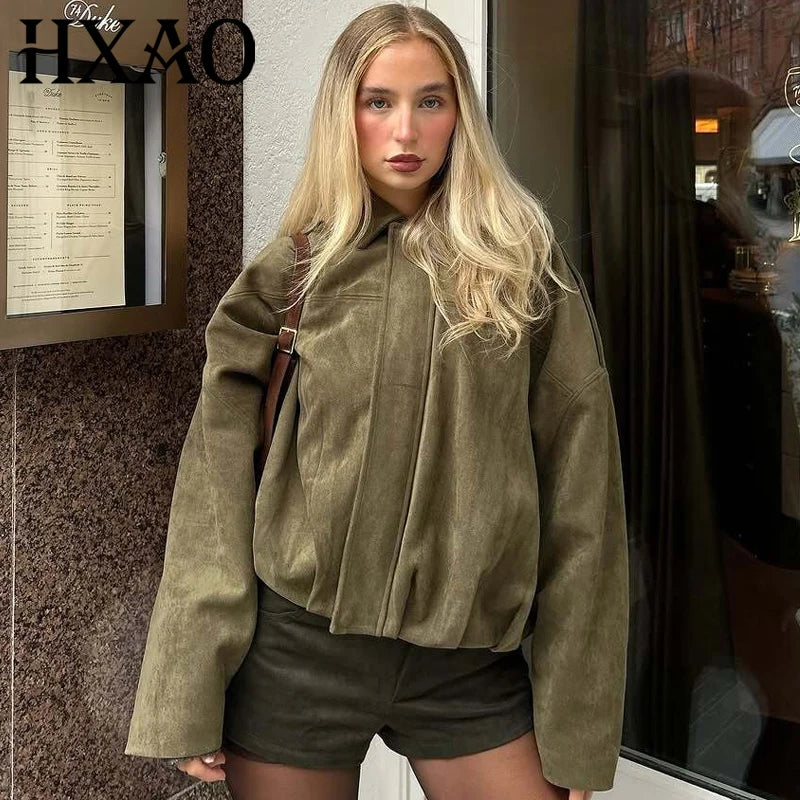 HXAO 2025 Suede Jacket Woman Green Khaki Outerwears Women's Jacket Spring Crop Oversize Long Sleeve Coats Fashion Jacket
