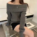 Preppy Chic Women Spring Winter Knit Bottom Top One-line Neck Off-shoulder Collarbone Long Sleeve Casual Daily Sweater