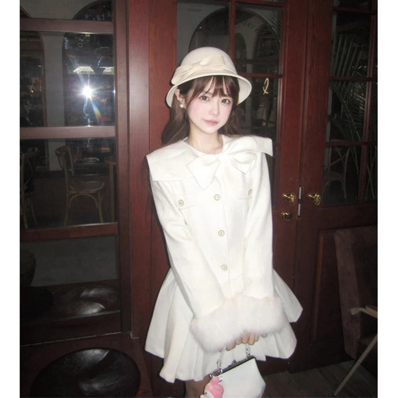 MEXZT Bow Woolen Mini Dress Women Party Faux Fur Patchwork Pleated Dresses Winter Elegant Korean Long Sleeve Bodycon Vestidos