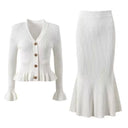 Ruffle V-neck Top Skirt Two-piece Spring Long-sleeved Cardigan Hip-covering Fishtail Long Skirt Knitted Two-piece Suit For Women