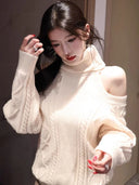 Autumn and Winter Fashion New Women's Elegant Knitted Sweater Loose, Warm, Thickened Design Sense High Neck Off Shoulder Hoodie