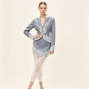 PUAL  Elegant Gray Linen Lace 2Pcs Set Cropped Blazer Sheer Lace Midi Skirt Women Fashion Formal Outfit 2026 New