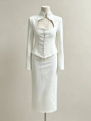 2026 Women PUAL  White Stand Collar Cutout Lace Up Corset Top Midi Skirt 2 Piece Elegant Formal Suit Set