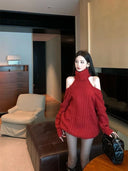 Autumn and Winter Fashion New Women's Elegant Knitted Sweater Loose, Warm, Thickened Design Sense High Neck Off Shoulder Hoodie