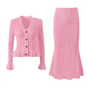 Ruffle V-neck Top Skirt Two-piece Spring Long-sleeved Cardigan Hip-covering Fishtail Long Skirt Knitted Two-piece Suit For Women