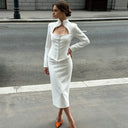 2026 Women PUAL  White Stand Collar Cutout Lace Up Corset Top Midi Skirt 2 Piece Elegant Formal Suit Set