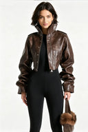 Vintage Women's Cropped Faux Leather Jacket Stand Collar Balloon Sleeve Biker Style PU Leather Coat Streetwear Outfit