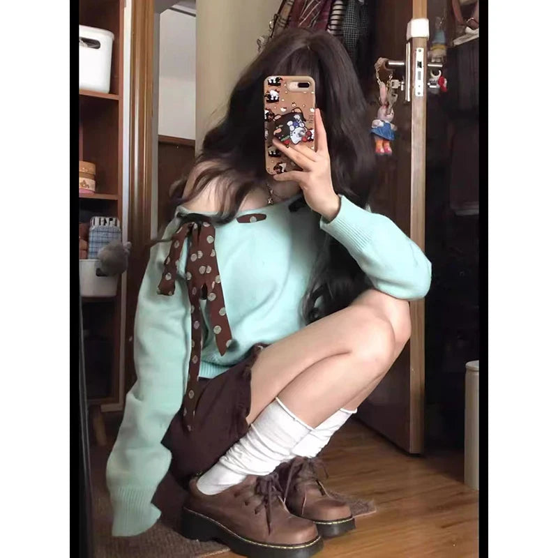 YIBASHU Winter Women Gyaru Bow Pullovers Cuddly Sweater Long Sleeve Slim Off Shoulder Knitwear Korean High Street 2000s Jumper