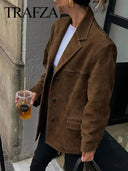HH Women Vintage Brown Suede Blazer Coat Single Breasted Long Sleeve Lapel Jacket With Pockets Casual Office Lady Outerwear