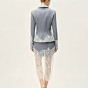 PUAL  Elegant Gray Linen Lace 2Pcs Set Cropped Blazer Sheer Lace Midi Skirt Women Fashion Formal Outfit 2026 New