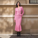 Ruffle V-neck Top Skirt Two-piece Spring Long-sleeved Cardigan Hip-covering Fishtail Long Skirt Knitted Two-piece Suit For Women