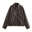 KONDALA 2026 Spring Summer Brown Business Casual Faux Leather Women Jackets Chic Valentine‘s Day Spliced Zipper Ladies Jackets