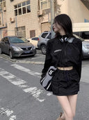 Spring Autumn New Loose Casual Sport Open Cardigan Zipper Top High Waist Workwear Short Skirt Two Piece Set Anti Aging