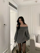 Autumn and Winter Fashion New Women's Elegant Off Shoulder Knitted Korean High End Hoodie One Shoulder Warm Base Knitted Sweater