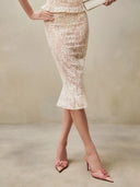 Women Skirt Two Piece Set Sexy Sleeveless Lace Ruffles Top + Midi Slim Skirts Sets Evening Cocktail Party Suit