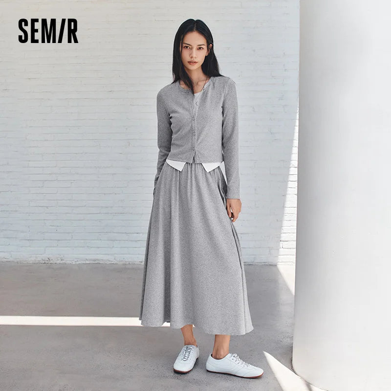 Semir Women Set 2026 Cropped Round Neck Top Elastic Waist Long Skirt 2026 Autumn Casual Style Slim Look Two Piece Outfit