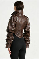 Vintage Women's Cropped Faux Leather Jacket Stand Collar Balloon Sleeve Biker Style PU Leather Coat Streetwear Outfit