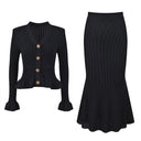 Ruffle V-neck Top Skirt Two-piece Spring Long-sleeved Cardigan Hip-covering Fishtail Long Skirt Knitted Two-piece Suit For Women