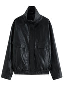 FSLE 2026 Fall Women's Vintage Stand Collar PU Leather Biker Jacket - Chic Cropped Design for Daily and Evening Outings